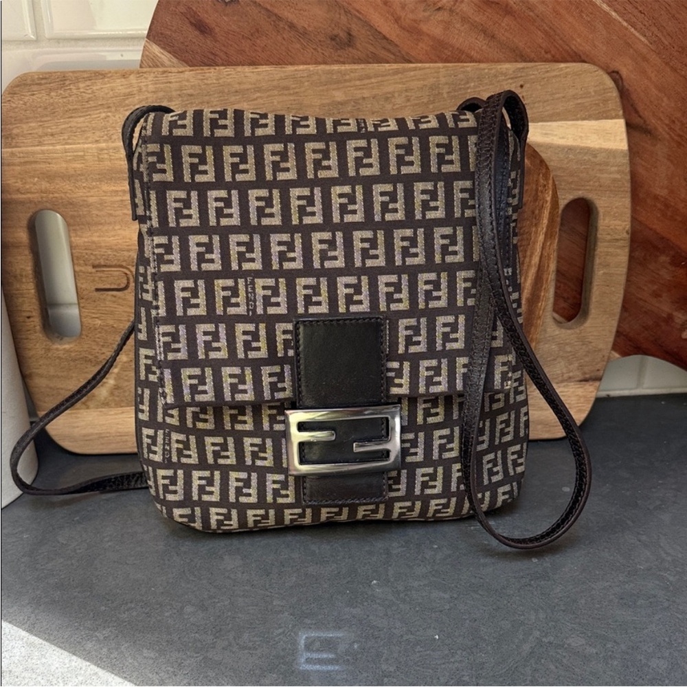 Fendi Brown Zucchino Logo Canvas Messenger Crossbody Bag with Silver Buckle